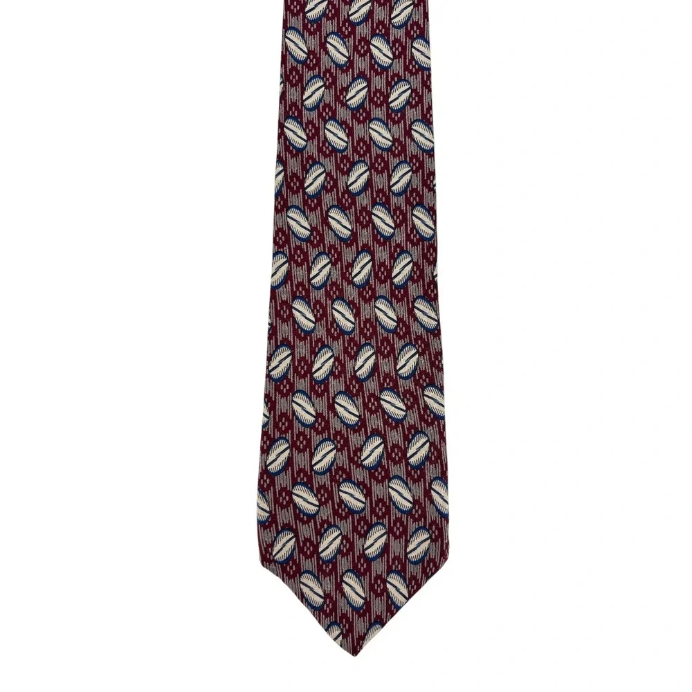 Geoffrey Beene Mens Silk Tie Burgundy Geometric Pattern Made in USA 59x3.75